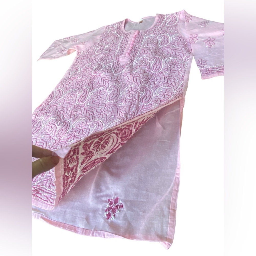 Chikankari Hand-Embroidered Straight Pink Kurti Tunic size 42, US L. NEW - Picture 7 of 16